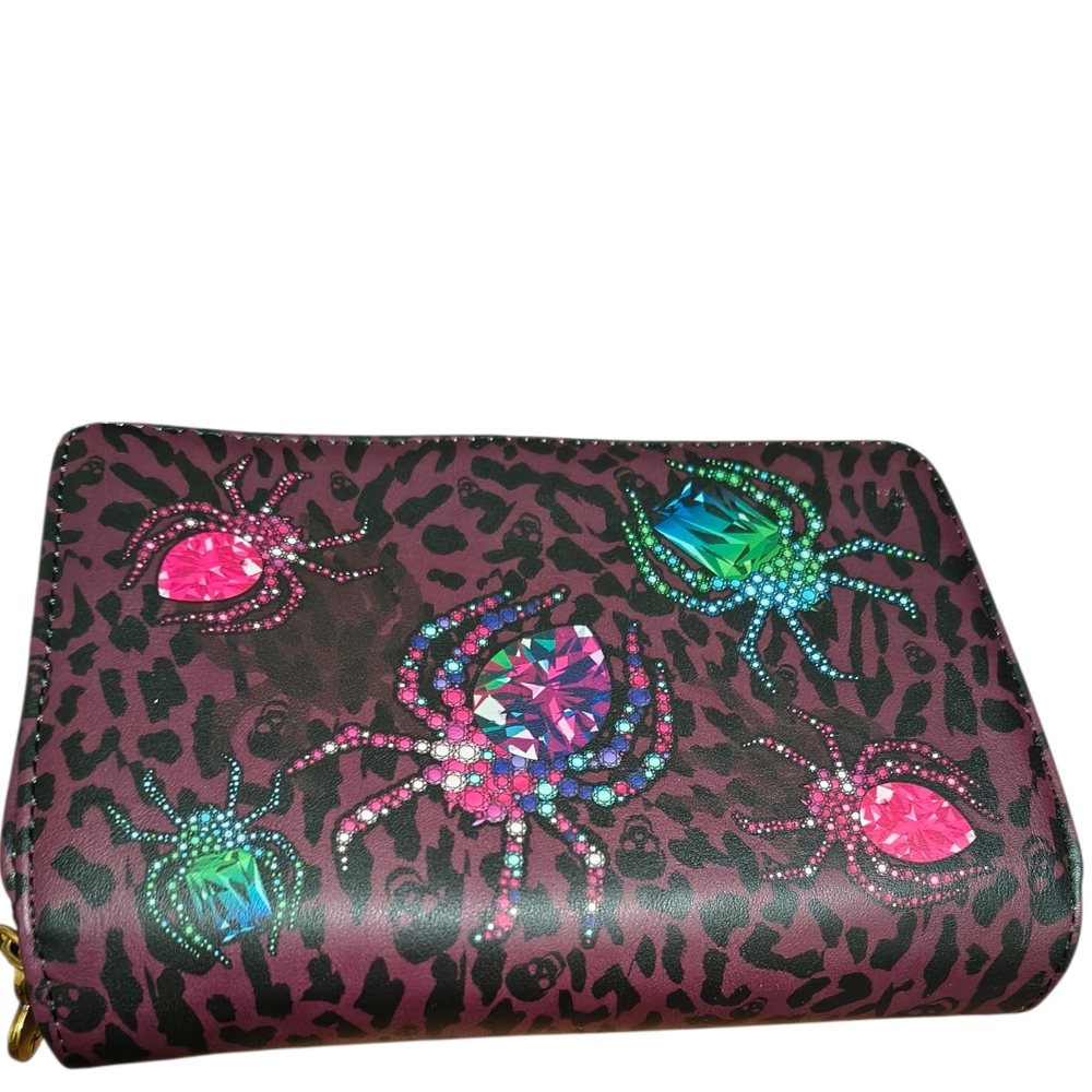 Betsey Johnson Printed Jeweled Spider Leopard Crossbody Wallet
